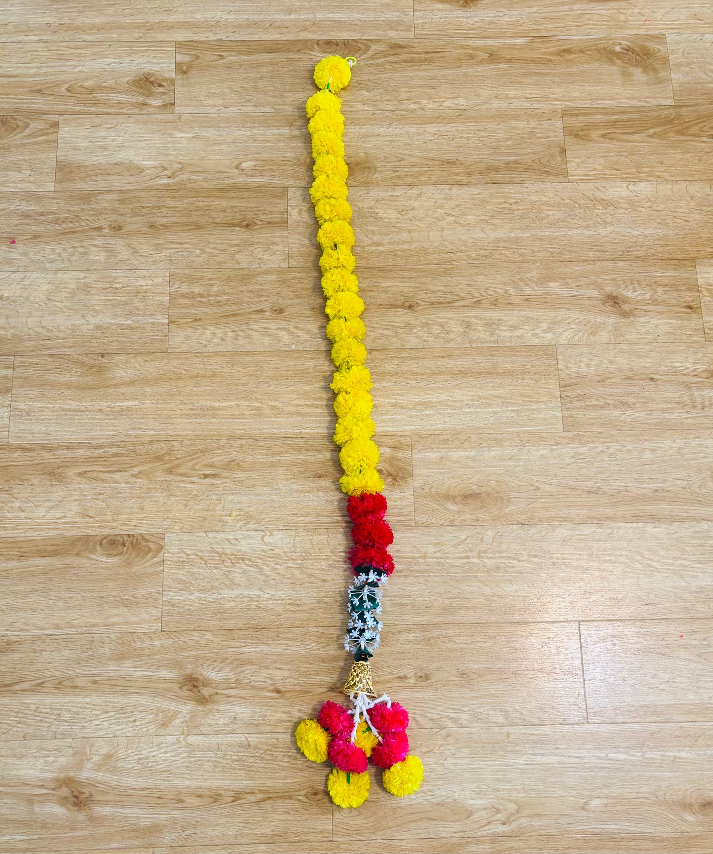 Yellow Pink Marigold Mogra Flower Garland With Bell and Latkan (130cm) (1pc)