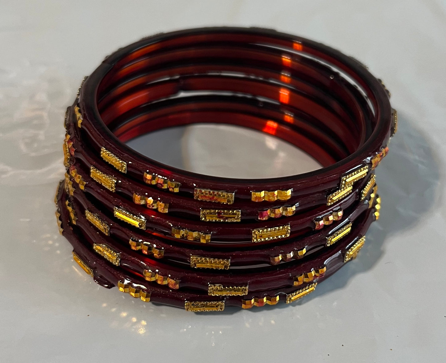 Brownish Red Maroon Golden Long Stone Glass Bangles (2.4)
