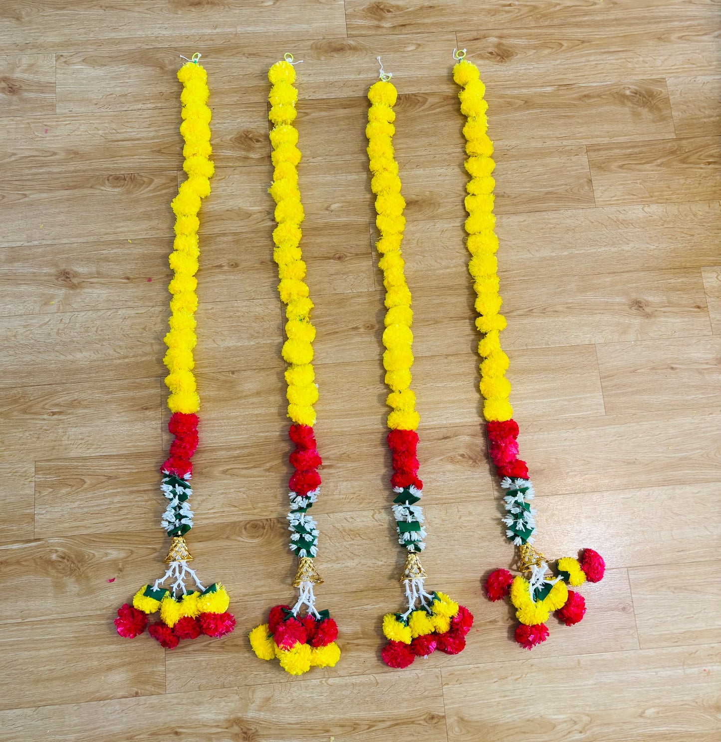 Yellow Pink Marigold Mogra Flower Garland With Bell and Latkan (130cm) (1pc)
