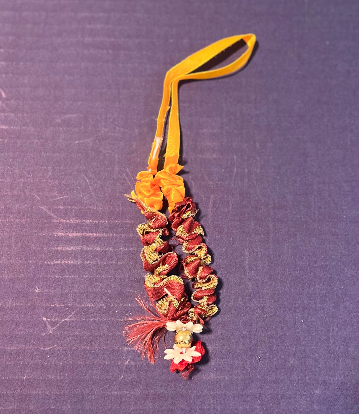 Maroon Orange Flower Ribbon Mala (10cm)