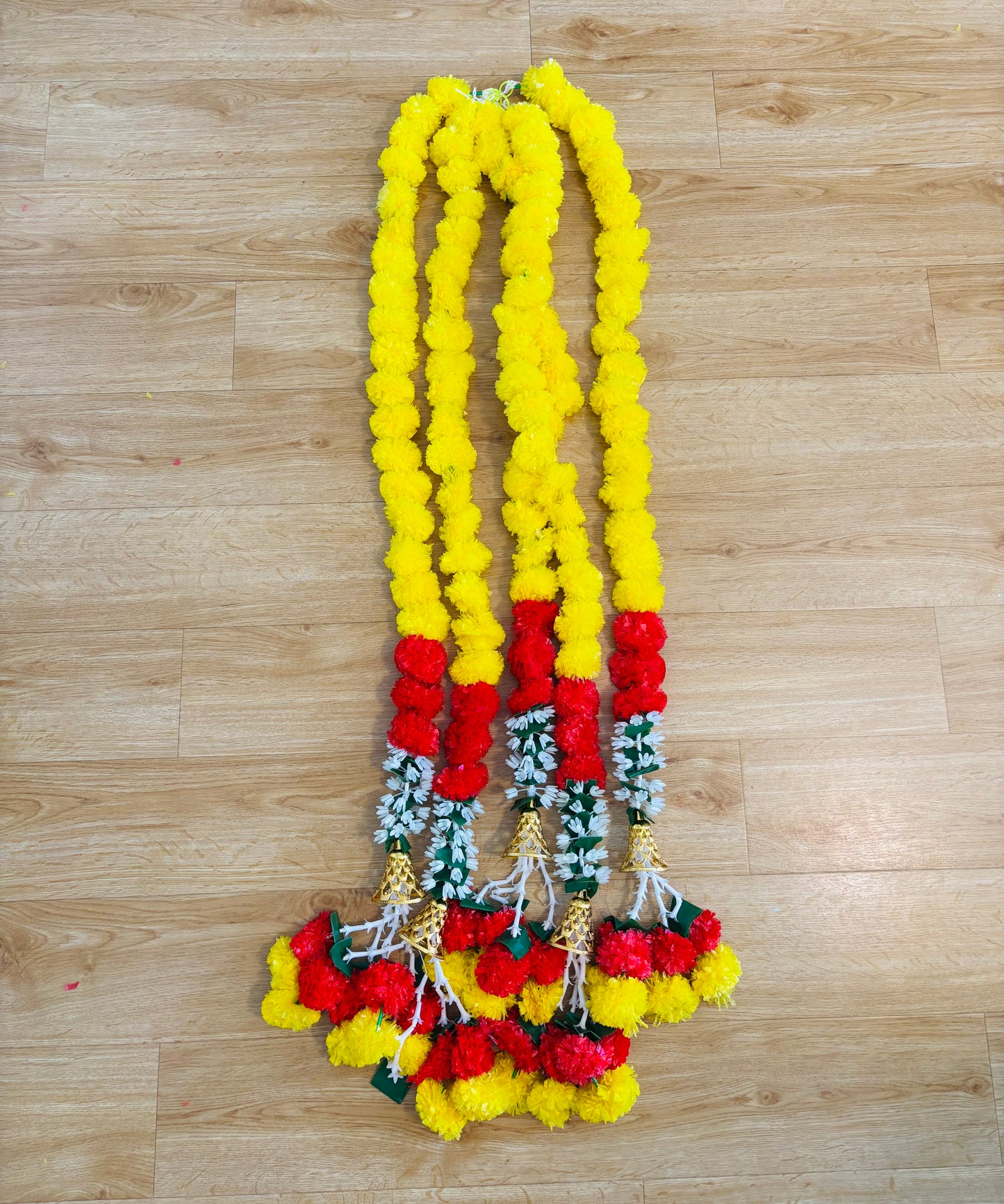 Yellow Pink Marigold Mogra Flower Garland With Bell and Latkan (130cm) (1pc)