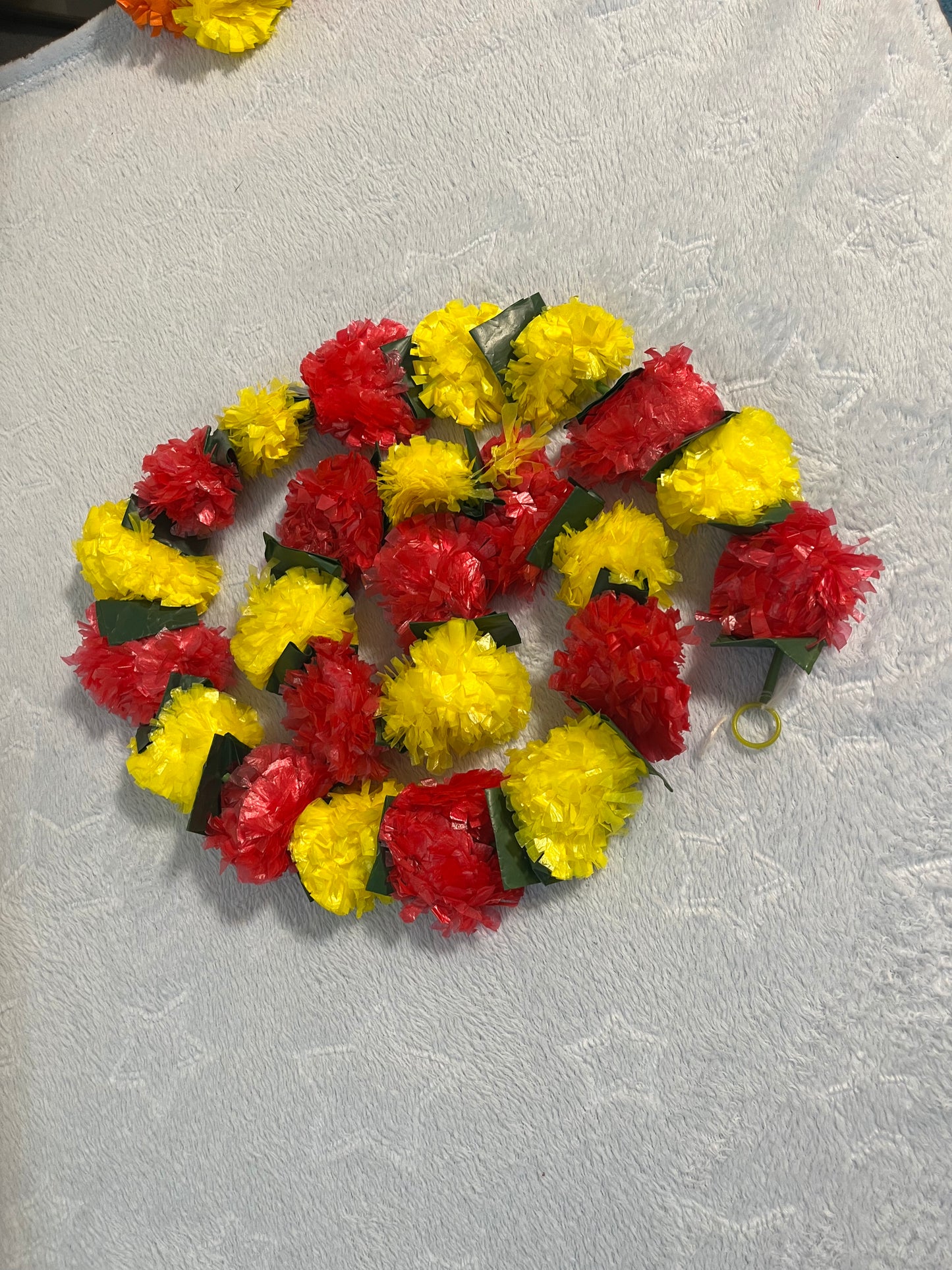 Yellow Pink Green Leaves Mix Marigold Plastic Flower Garland (120cm) (1pc)