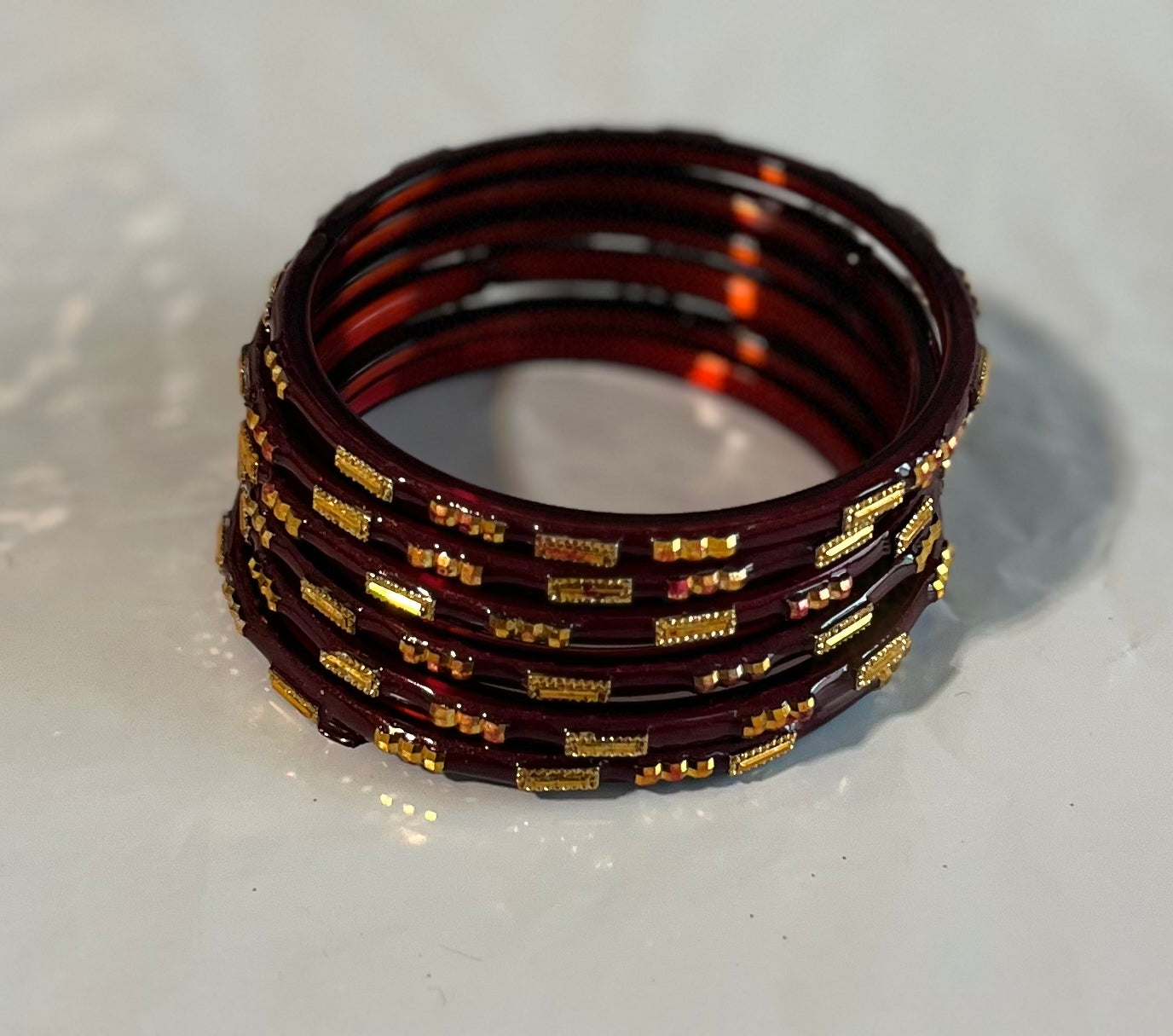 Brownish Red Maroon Golden Long Stone Glass Bangles (2.4)