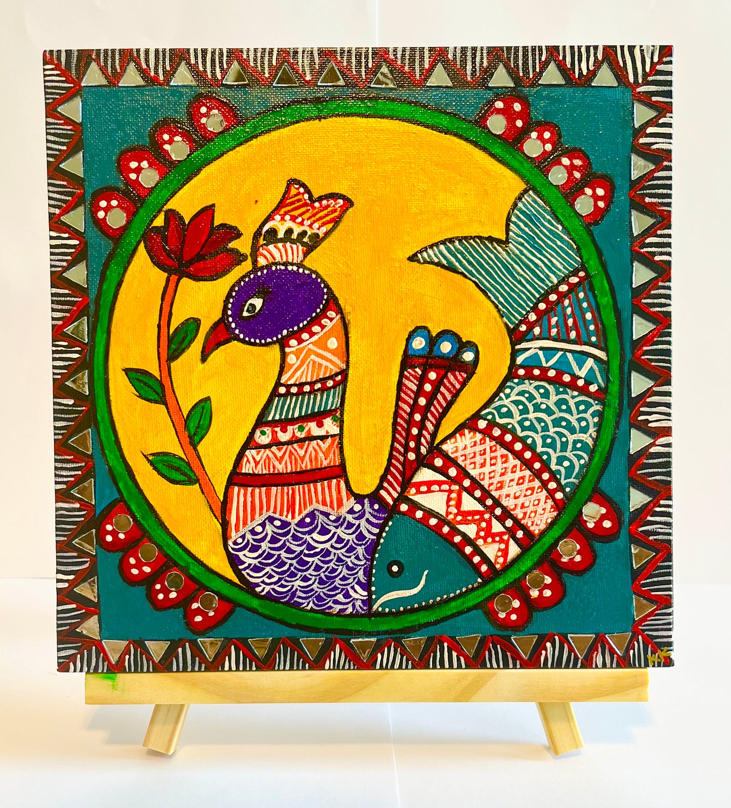 Madhubani Peacock vibrant Painting 25x25 cm