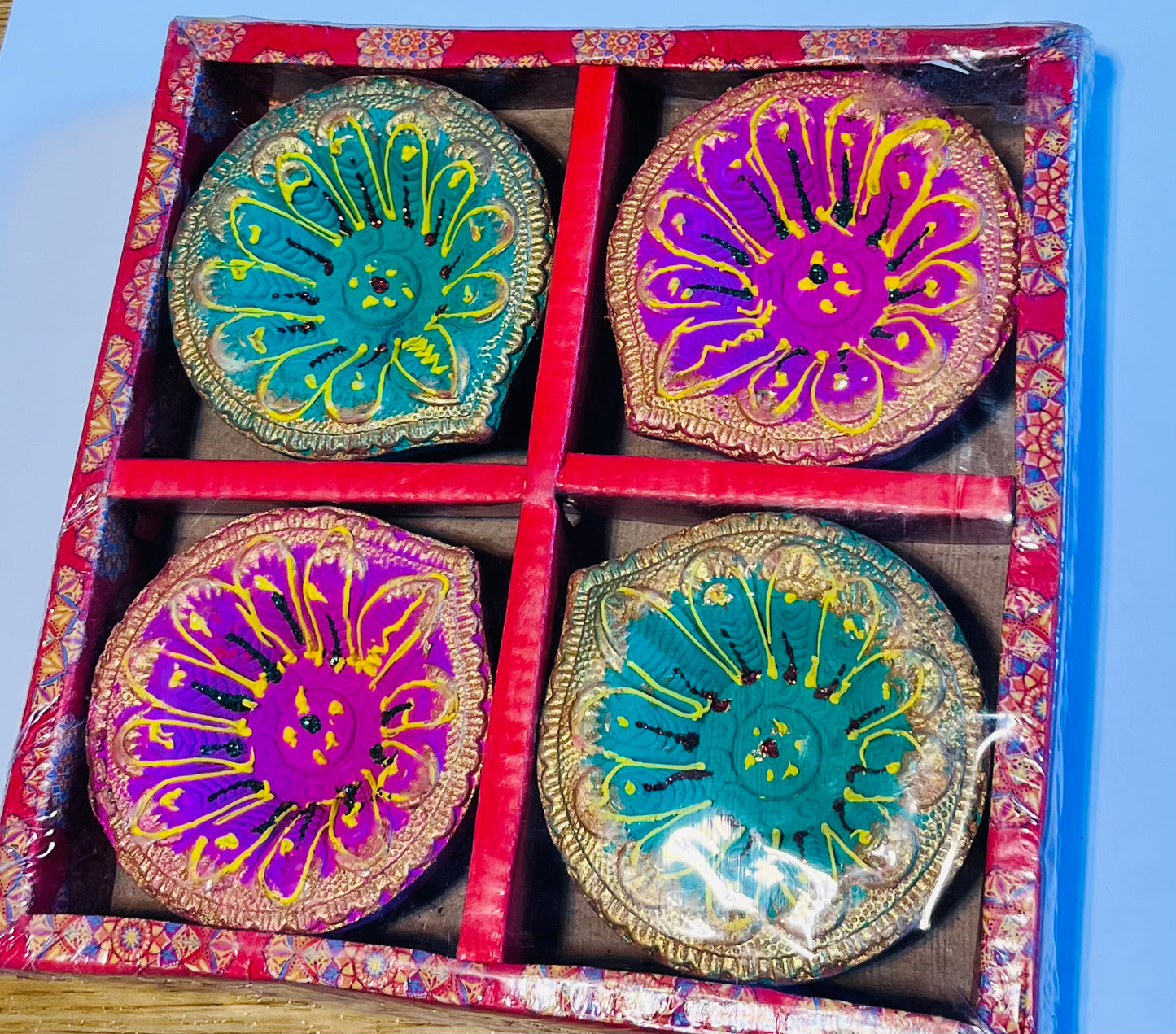 Colored Flower Big diya(4 Pcs)