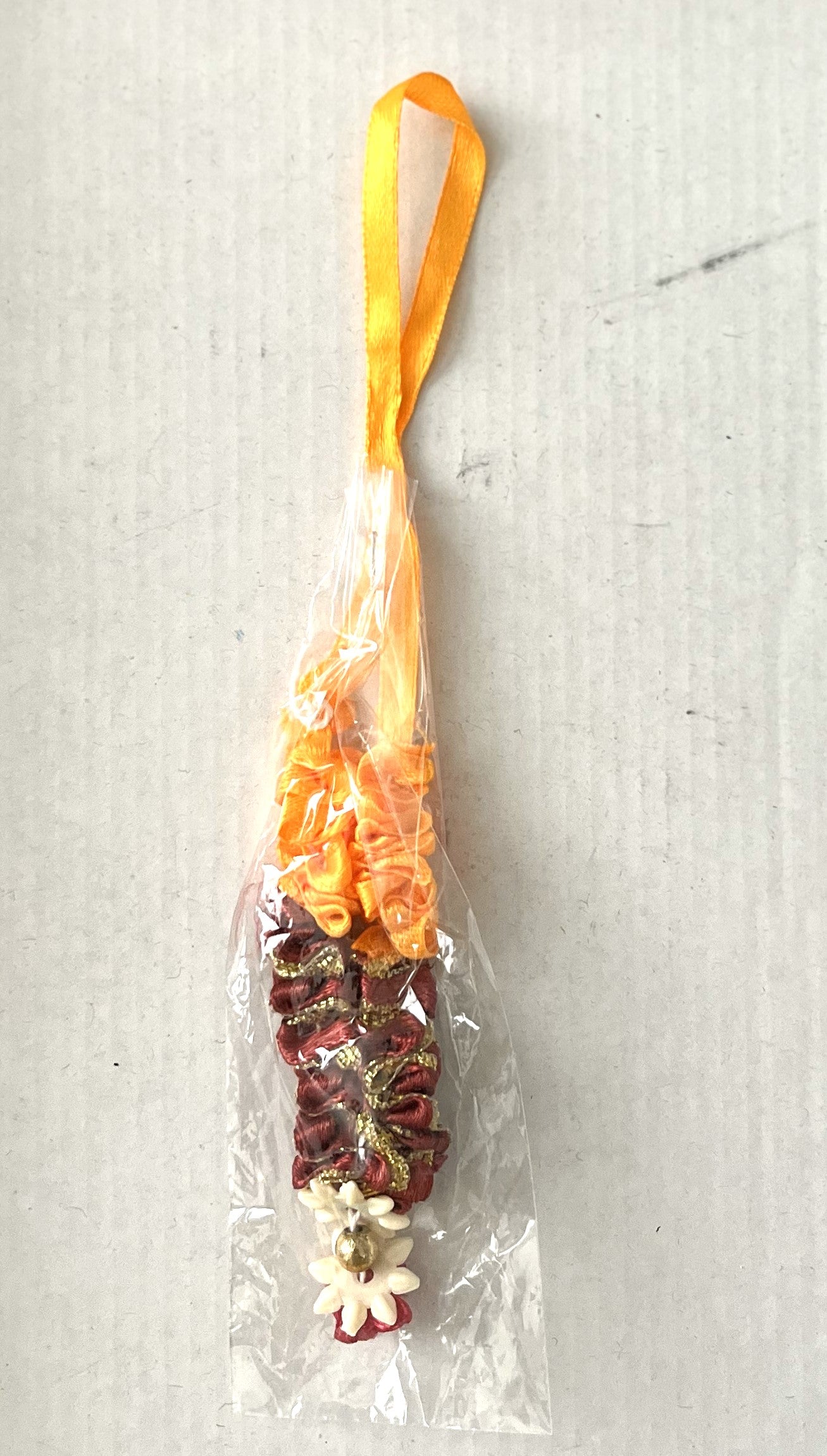 Maroon Orange Flower Ribbon Mala (10cm)