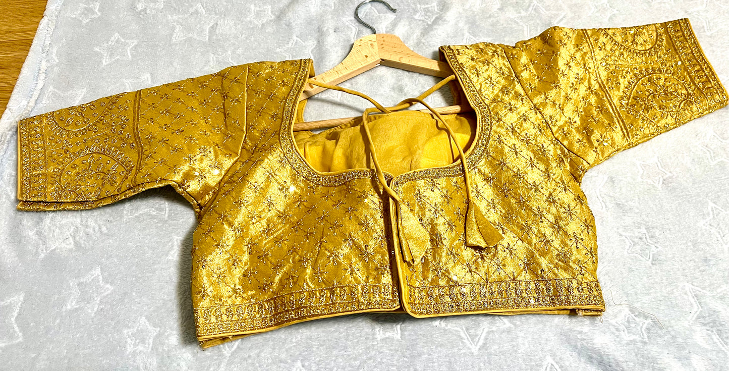 Women's Zari Sequin Heavy Design Golden Half Sleeves Blouse (Size 38) with Padded