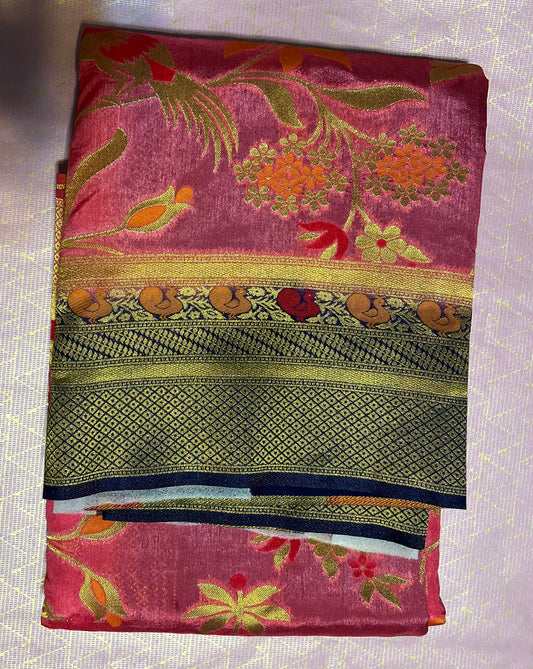 Ciffon Pink & Royal Blue Saree with Flower Design and Golden Zari