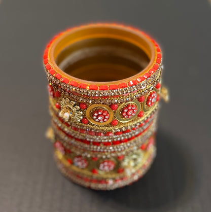 Red Golden Stone Kada Set 6 Bangles