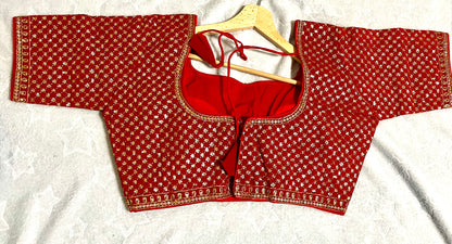 Women's Zari Sequin Heavy Design Red Golden Half Sleeves Blouse (Size 40) with Padded