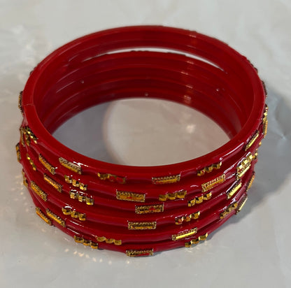 Red Golden Long Stone Glass Bangles