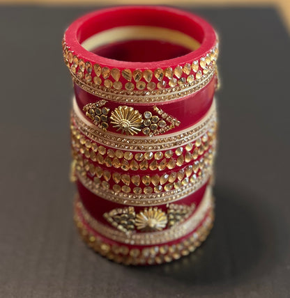 Red Golden Kundan Kada Set 6 Bangles (Size 2.4)