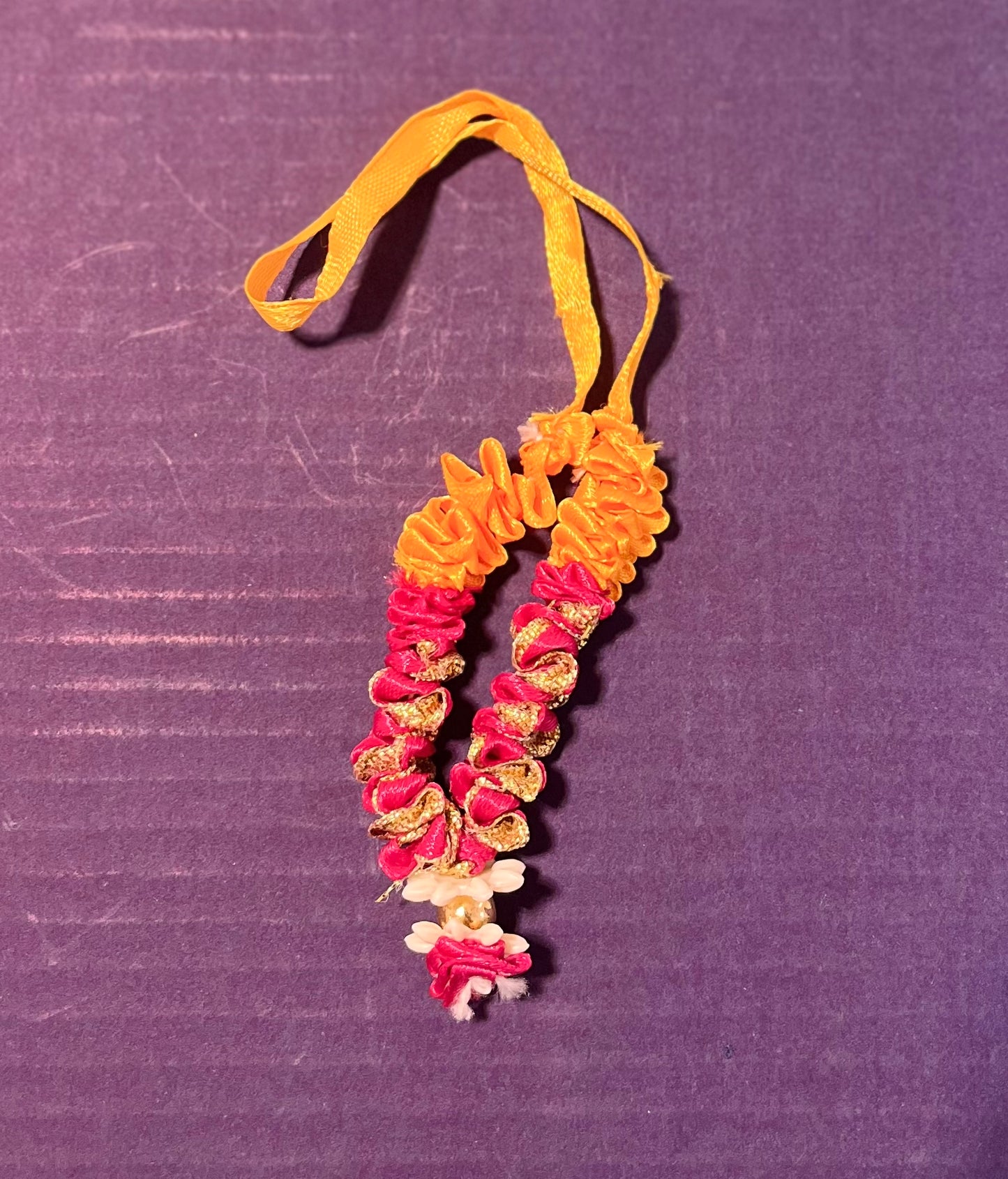 Pink Orange Flower Ribbon Mala (10cm)