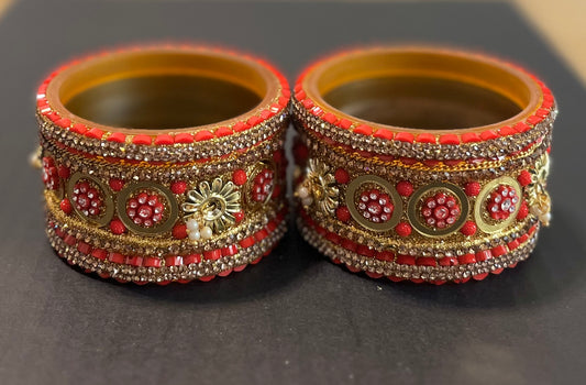 Red Golden Stone Kada Set 6 Bangles