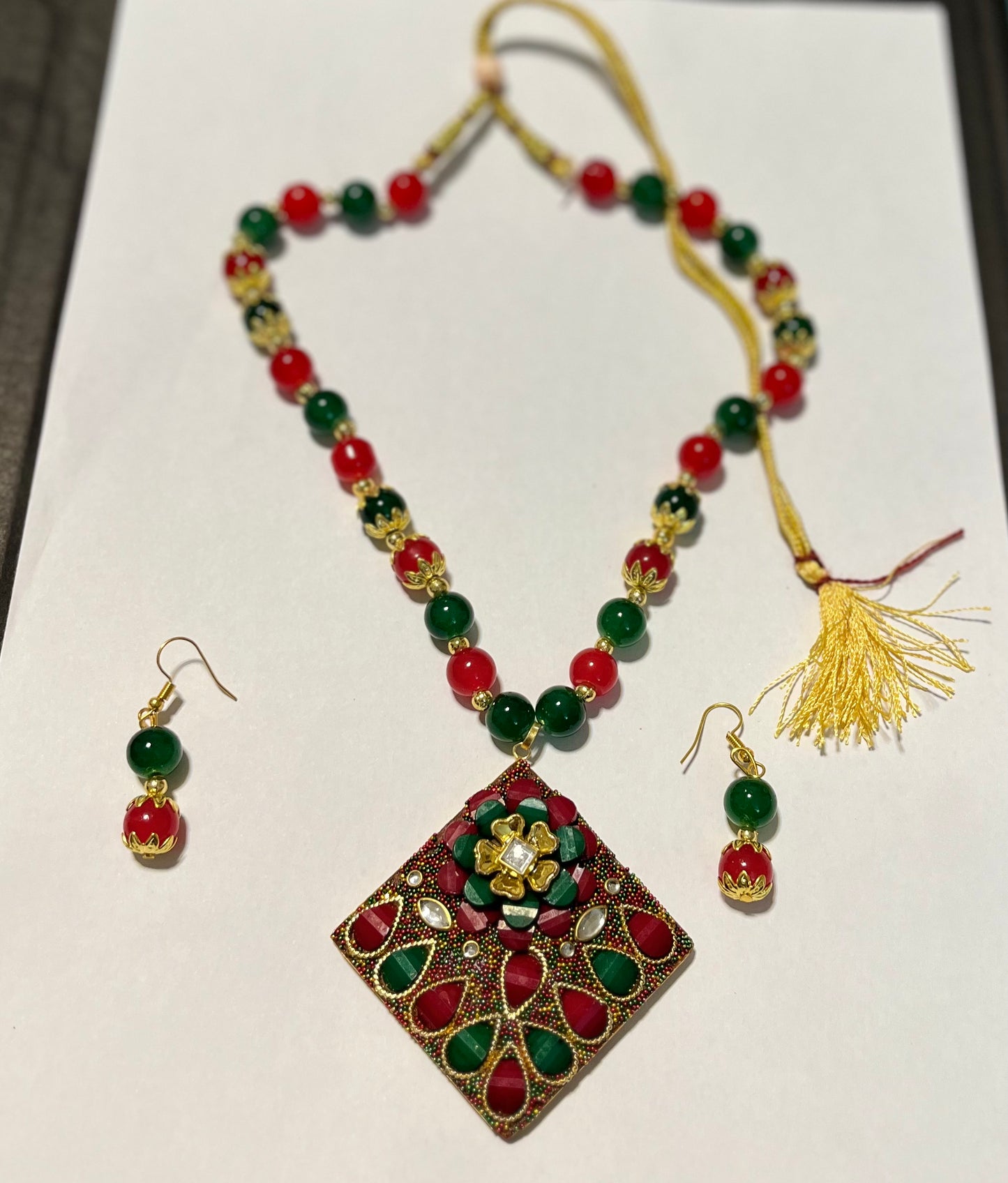 Big Red Green Beaded Pendant Necklace with Earrings