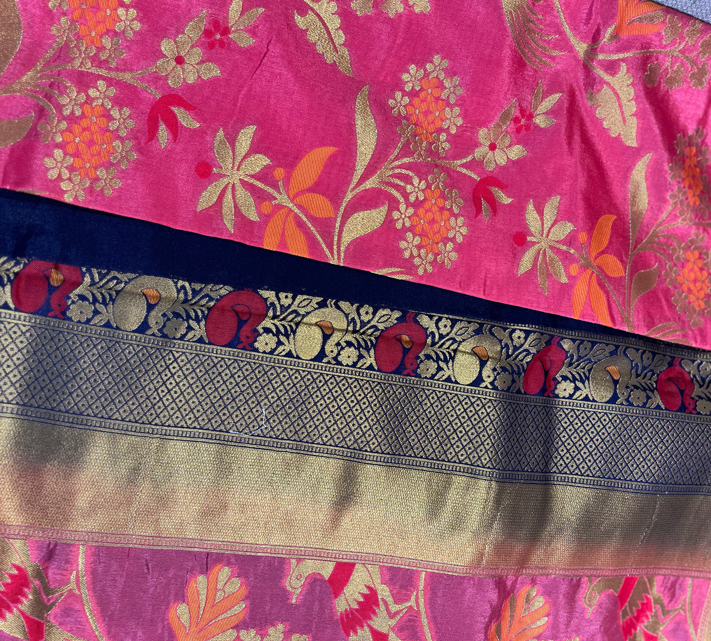 Ciffon Pink & Royal Blue Saree with Flower Design and Golden Zari