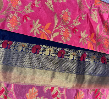 Ciffon Pink & Royal Blue Saree with Flower Design and Golden Zari