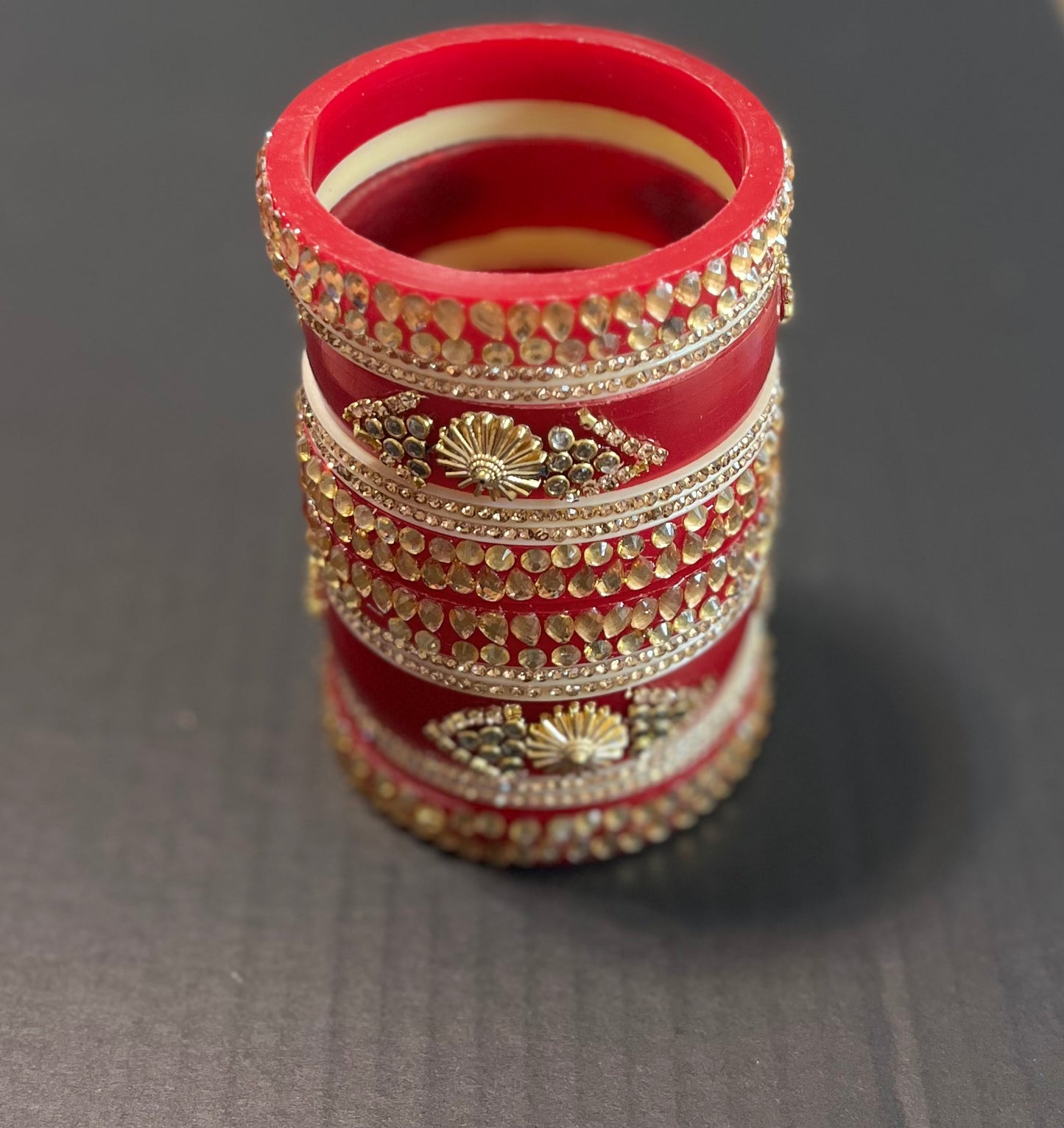 Red Golden Kundan Kada Set 6 Bangles (Size 2.4)