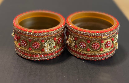 Red Golden Stone Kada Set 6 Bangles