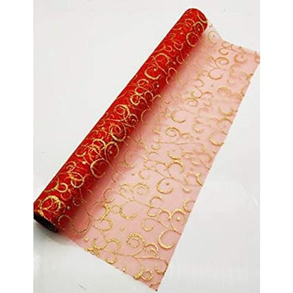 Red Shiny Net Roll with Golden Glittery Design Printed Roll Decoration (2m)