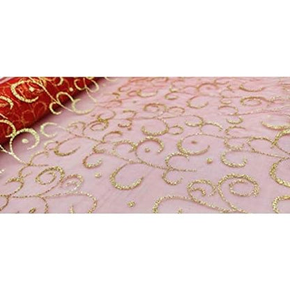 Red Shiny Net Roll with Golden Glittery Design Printed Roll Decoration (2m)