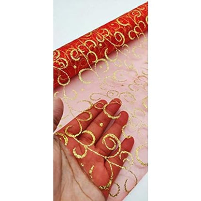 Red Shiny Net Roll with Golden Glittery Design Printed Roll Decoration (2m)