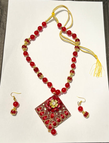 Big Red Beaded Pendant Necklace with Earrings