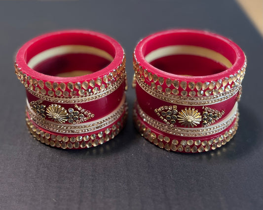 Red Golden Kundan Kada Set 6 Bangles (Size 2.4)