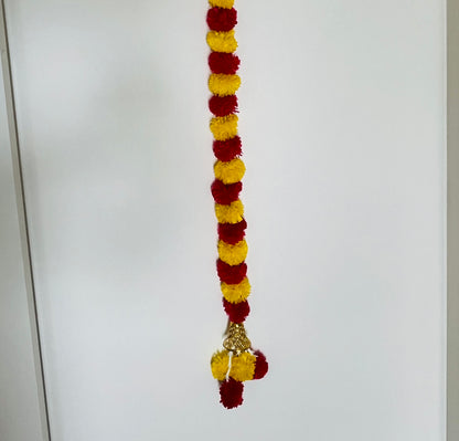 Yellow Red Marigold Mogra Plastic Flower Garland With Bell (130cm) (1pc)