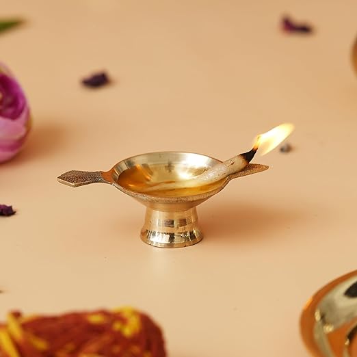 Golden Decorative Brass Diya with Stand and Holder