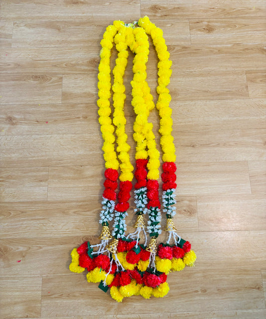 Yellow Pink Marigold Mogra Flower Garland With Bell and Latkan (130cm) (1pc)