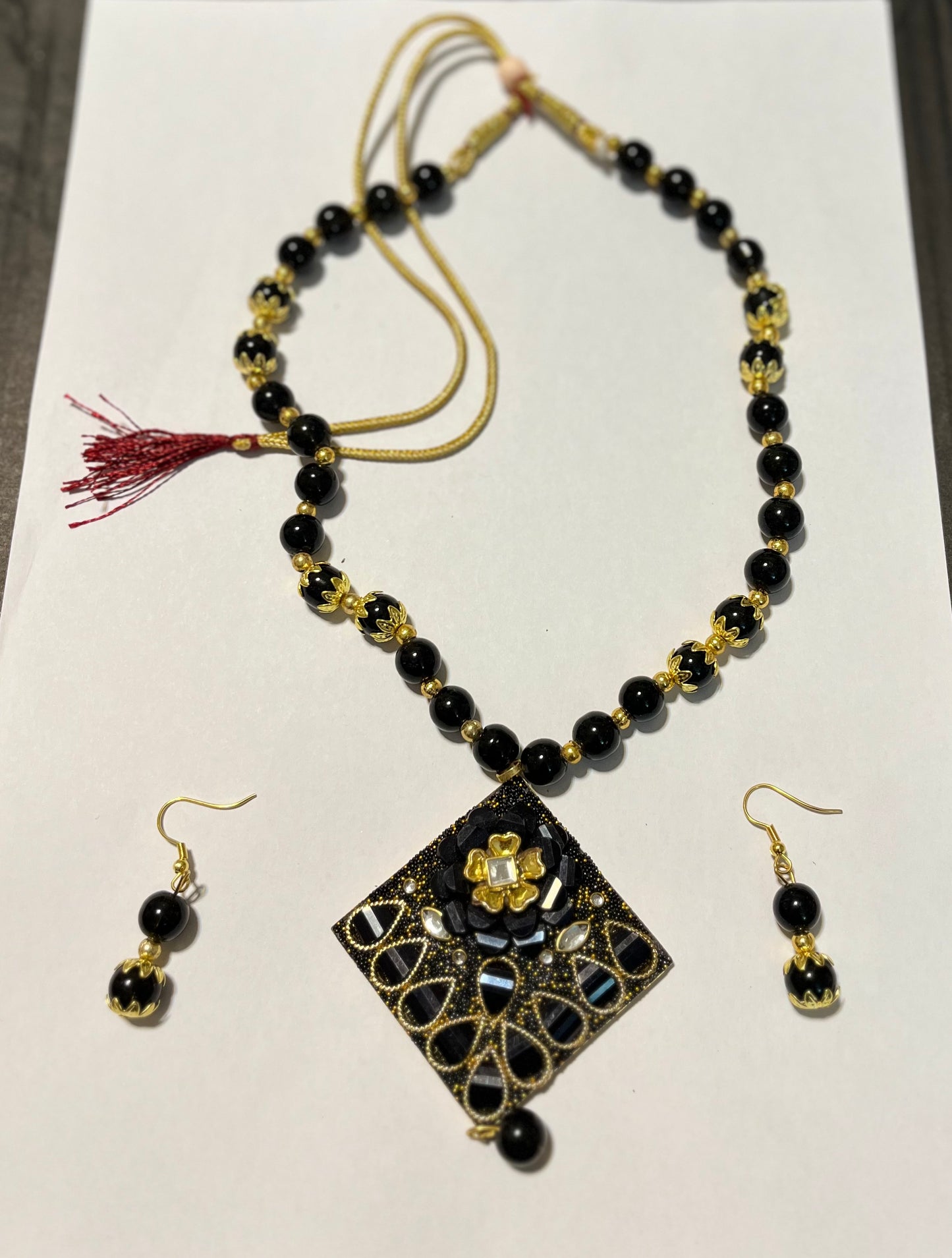 Big Black Beaded Pendant Necklace with Earrings