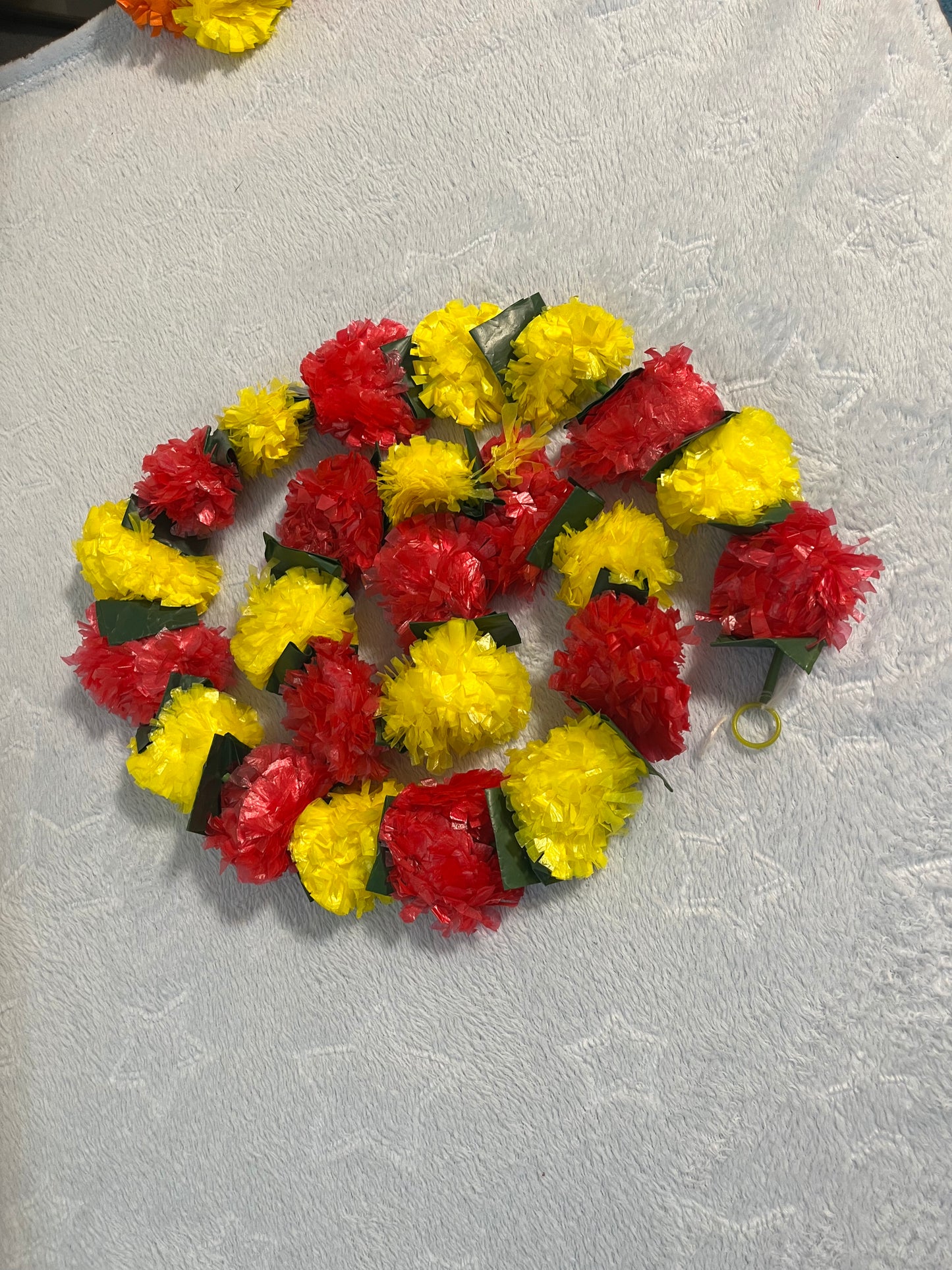 Yellow Red Green Leaves Mix Marigold Plastic Flower Garland (120cm) (2pc)