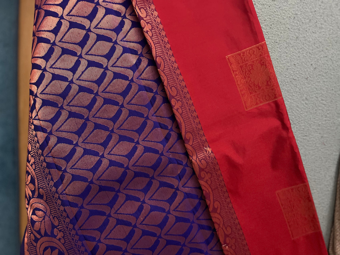 Soft Silk Saree Maroon Blue With Zari Square Pattern