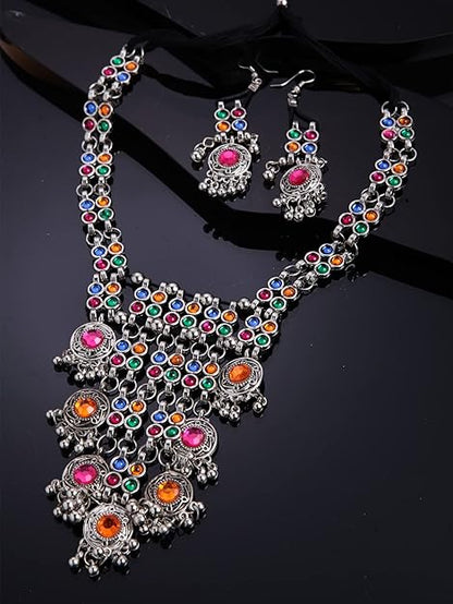 Shining Diva Fashion Latest Stylish Traditional Oxidised Silver Necklace Jewellery Set for Women