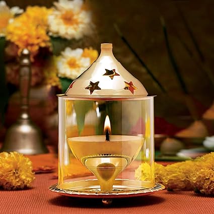 Akhand Diya (Brass) | Lantern Diya with Glass Cover (Height: 9cm)