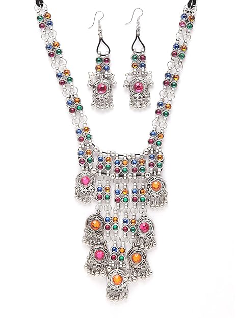 Shining Diva Fashion Latest Stylish Traditional Oxidised Silver Necklace Jewellery Set for Women