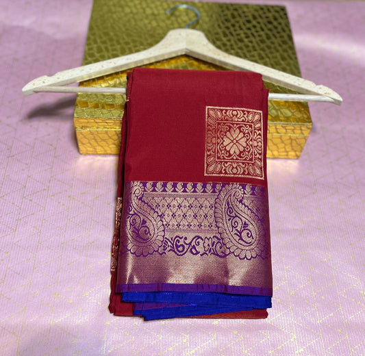 Soft Silk Saree Maroon Blue With Zari Square Pattern