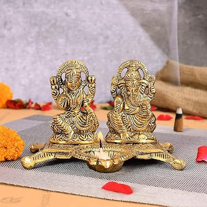 Metal Goddess Lakshmi and Lord Ganesh Idol / Statue / Murti Decorative Showpiece