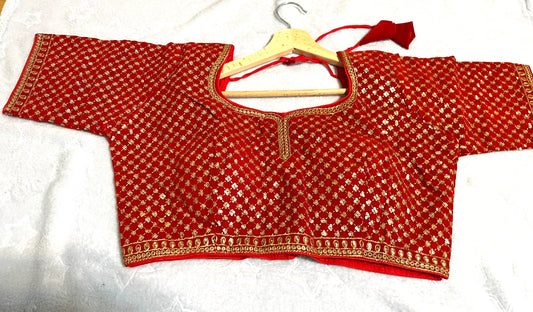 Women's Zari Sequin Heavy Design Red Golden Half Sleeves Blouse (Size 40) with Padded