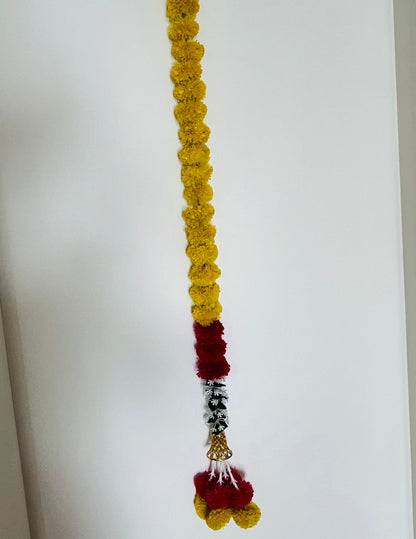 Yellow Red Marigold Green Mogra Plastic Flower Garland With Bell (130cm) (1pc)