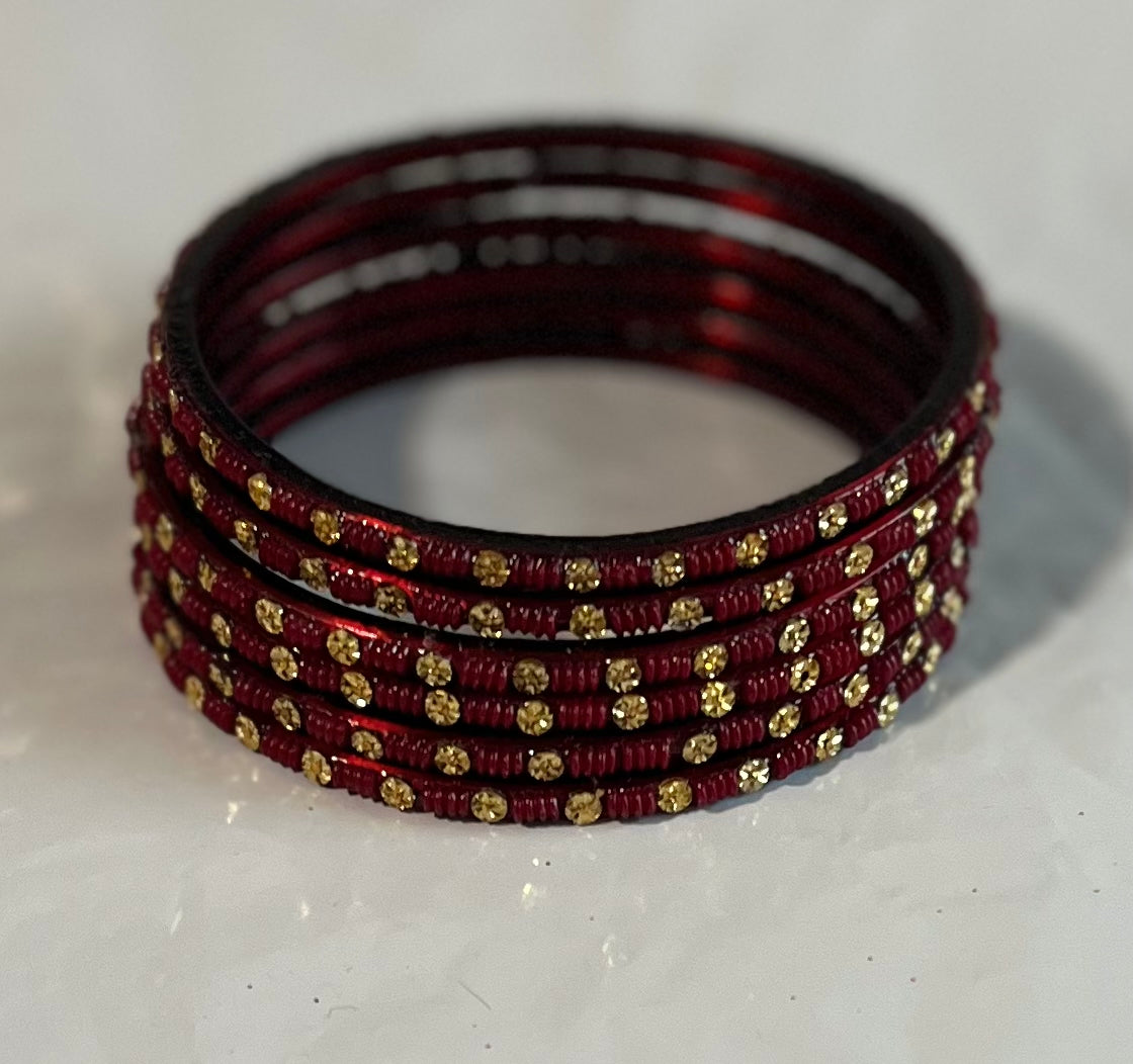 Maroon Golden Stone Glass Bangles