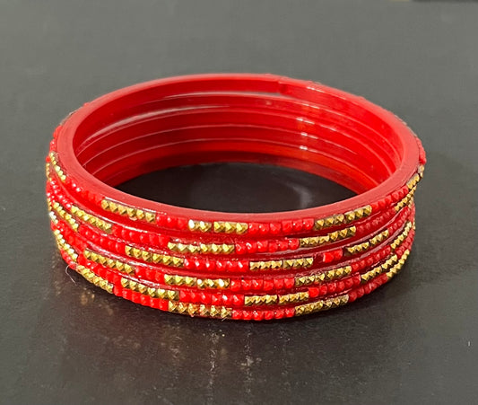 Red Golden Zari Stone Glass Bangles