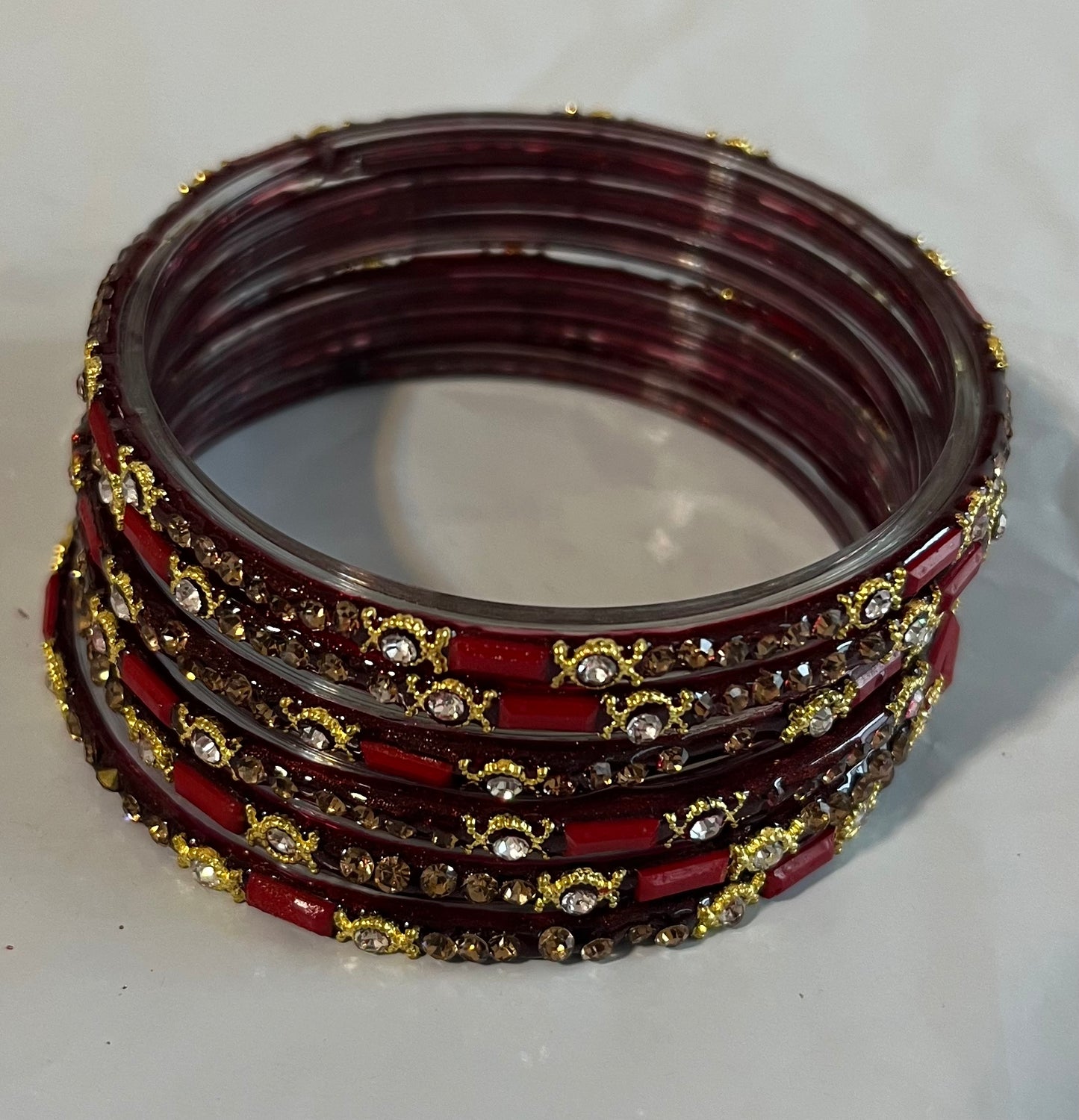 Brownish Red Maroon Golden White Stone Glass Bangles