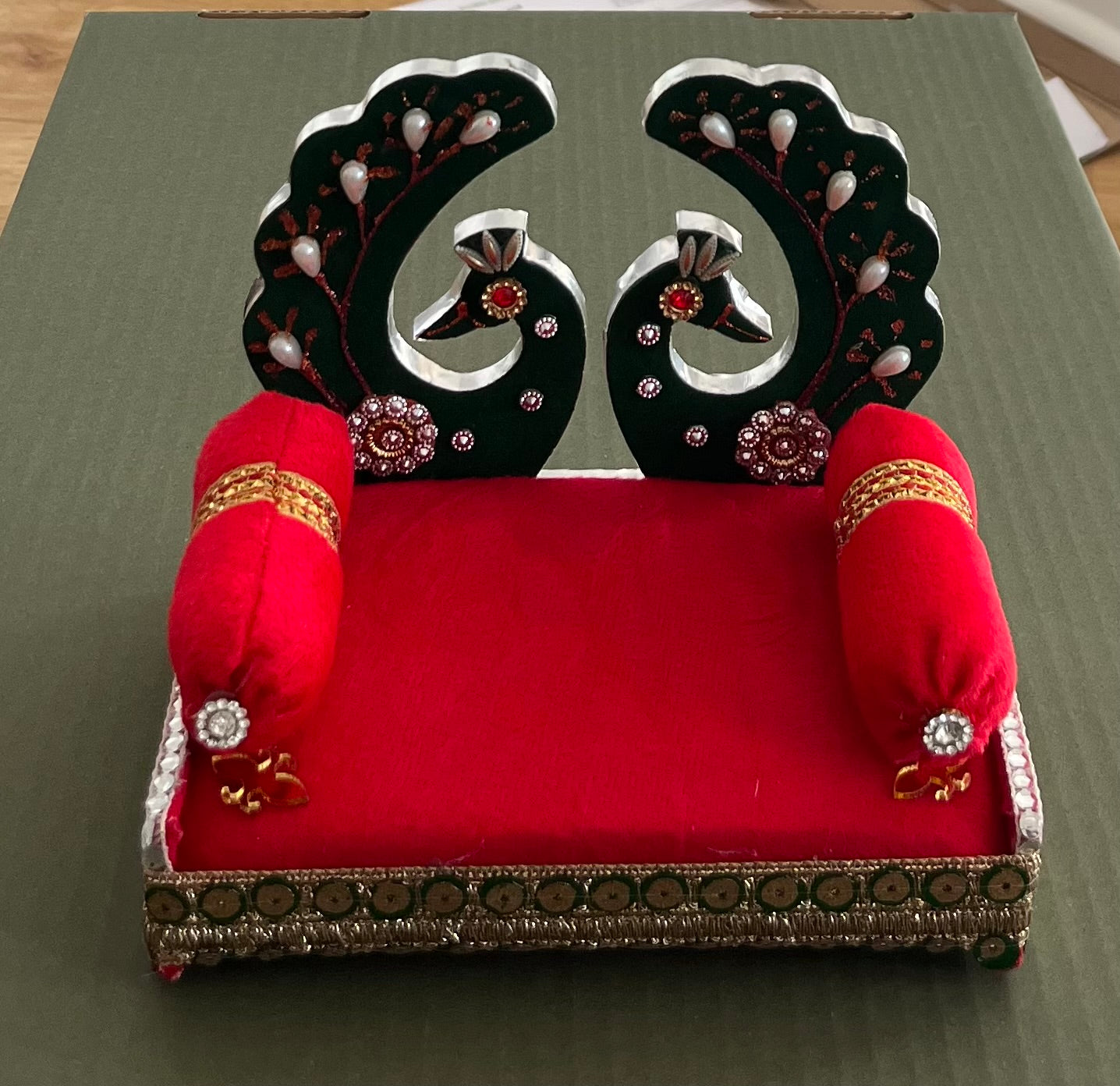 Laddu Gopalji Sinhasan Red Velvet with Green Peacock design