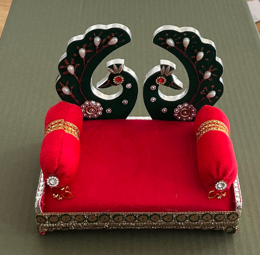 Laddu Gopalji Sinhasan Red Velvet with Green Peacock design