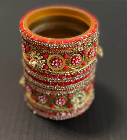 Red Golden Stone Kada Set 6 Bangles