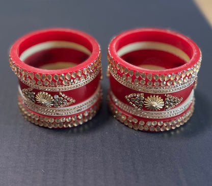 Red Golden Kundan Kada Set 6 Bangles (Size 2.4)