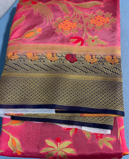 Ciffon Pink & Royal Blue Saree with Flower Design and Golden Zari