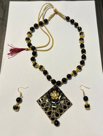 Big Black Beaded Pendant Necklace with Earrings